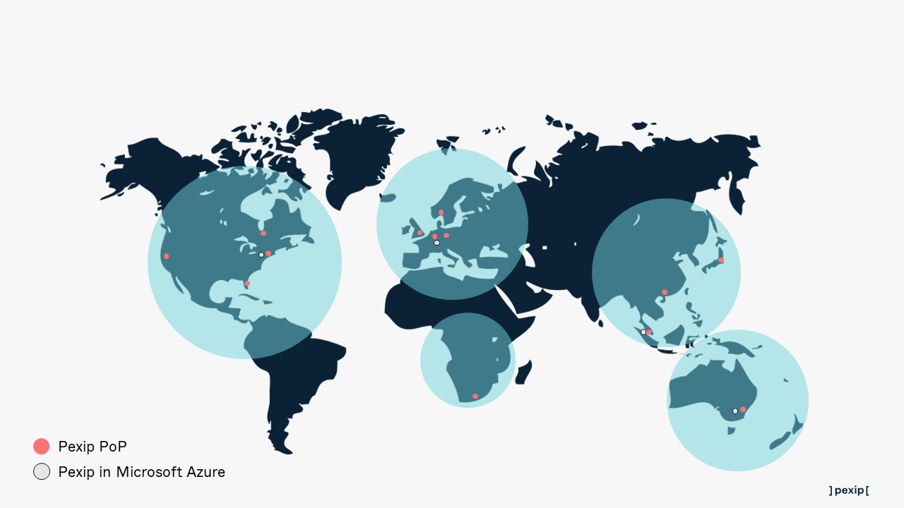 Mapa pokazująca globalny zasięg usługi Pexip
